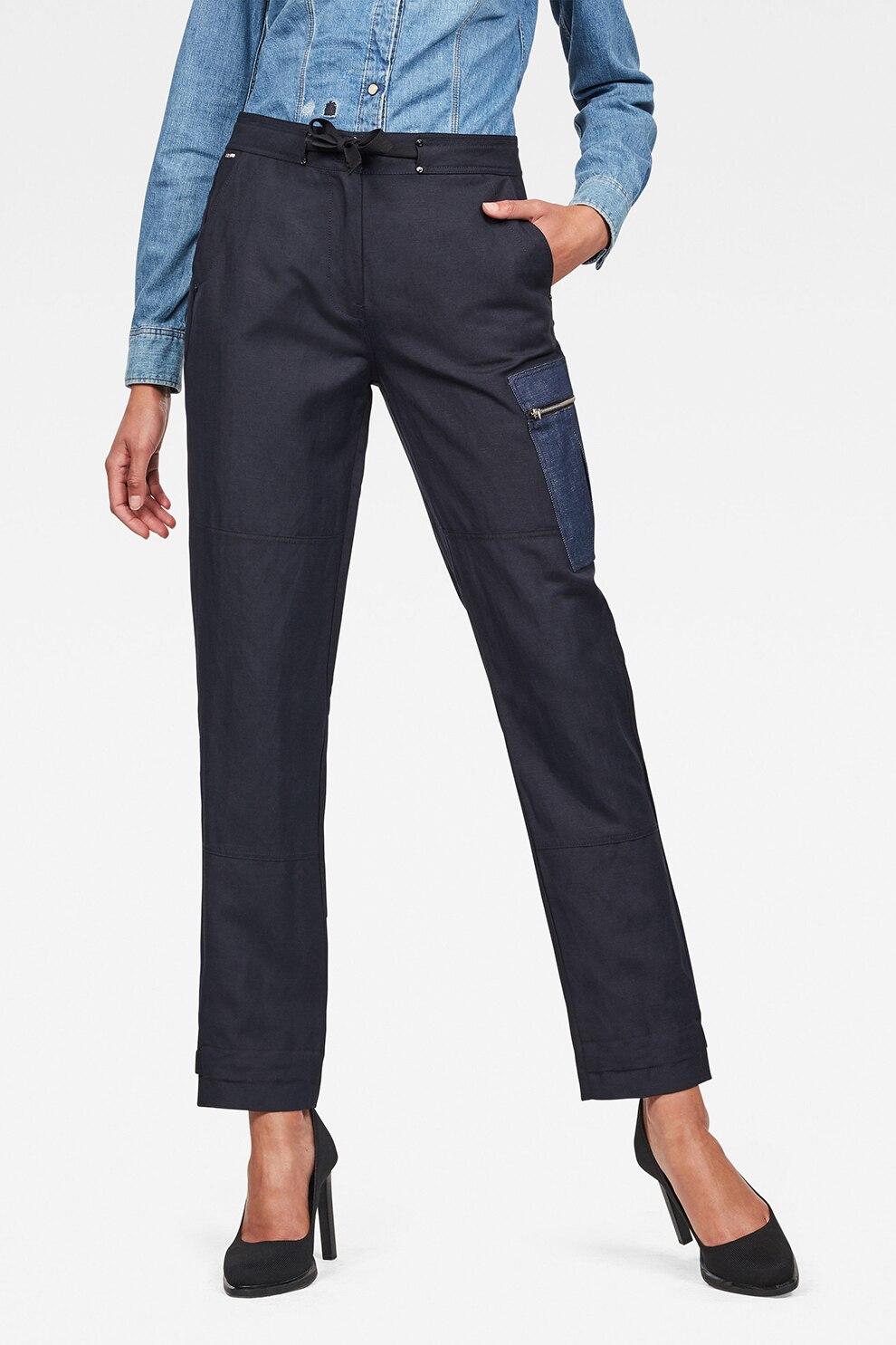 G-Star RAW, Pantaloni cargo din amestec de in Feldspar, Bleumarin inchis