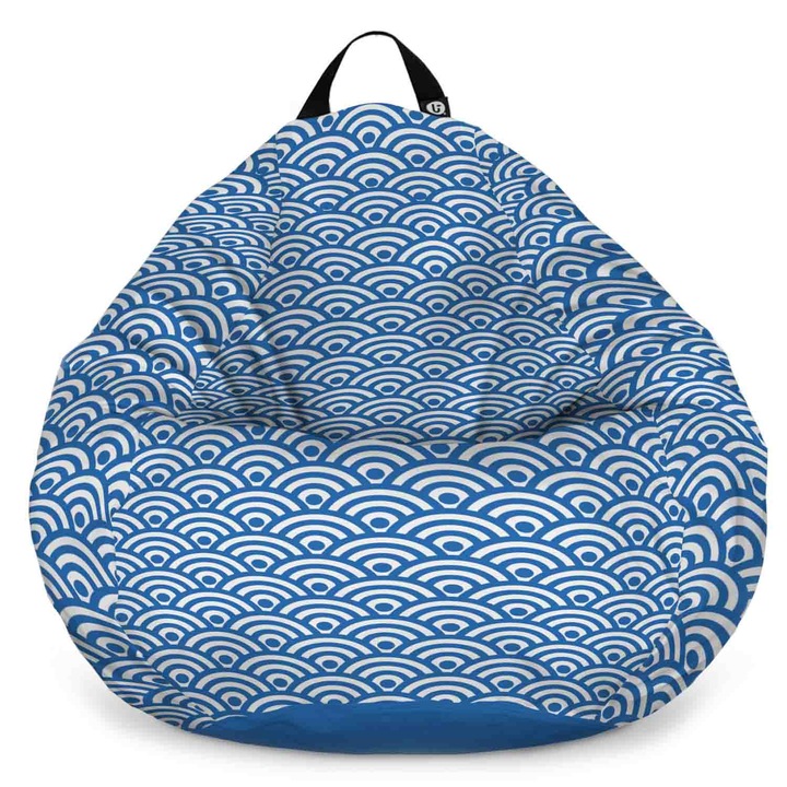 Fotoliu Updeco Puf Bean Bag tip Para L, impermeabil, indoor/outdoor, sac interior, cu maner, 80 x 80 x 55 cm, Oriental Waves, Blue