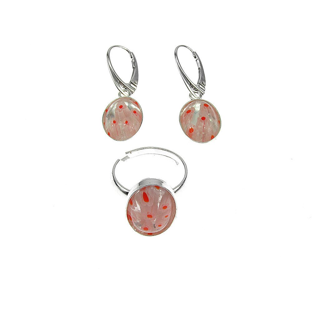 Set argint cercei si inel reglabil Millefiori transparent/rosu