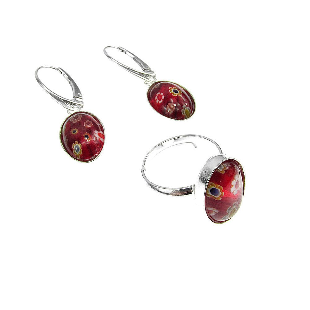 Set argint cercei si inel reglabil Millefiori rosu mix