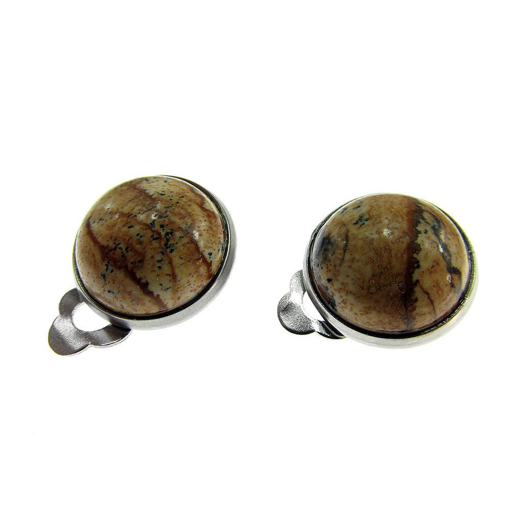 Cercei clips inox cu jasp picture natural 12 MM