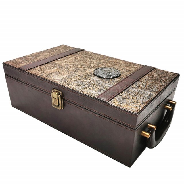 Cutie eleganta cu 2 compartimente pentru sticle de vin, model Pufo Luxury cu maner si 4 accesorii incluse, maro