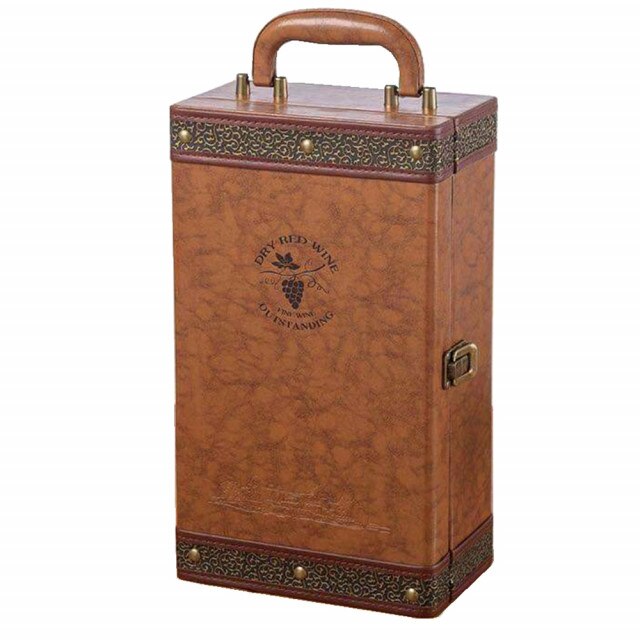 Cutie eleganta cu 2 compartimente pentru sticle de vin, model Pufo Elite cu maner si 4 accesorii incluse, maro