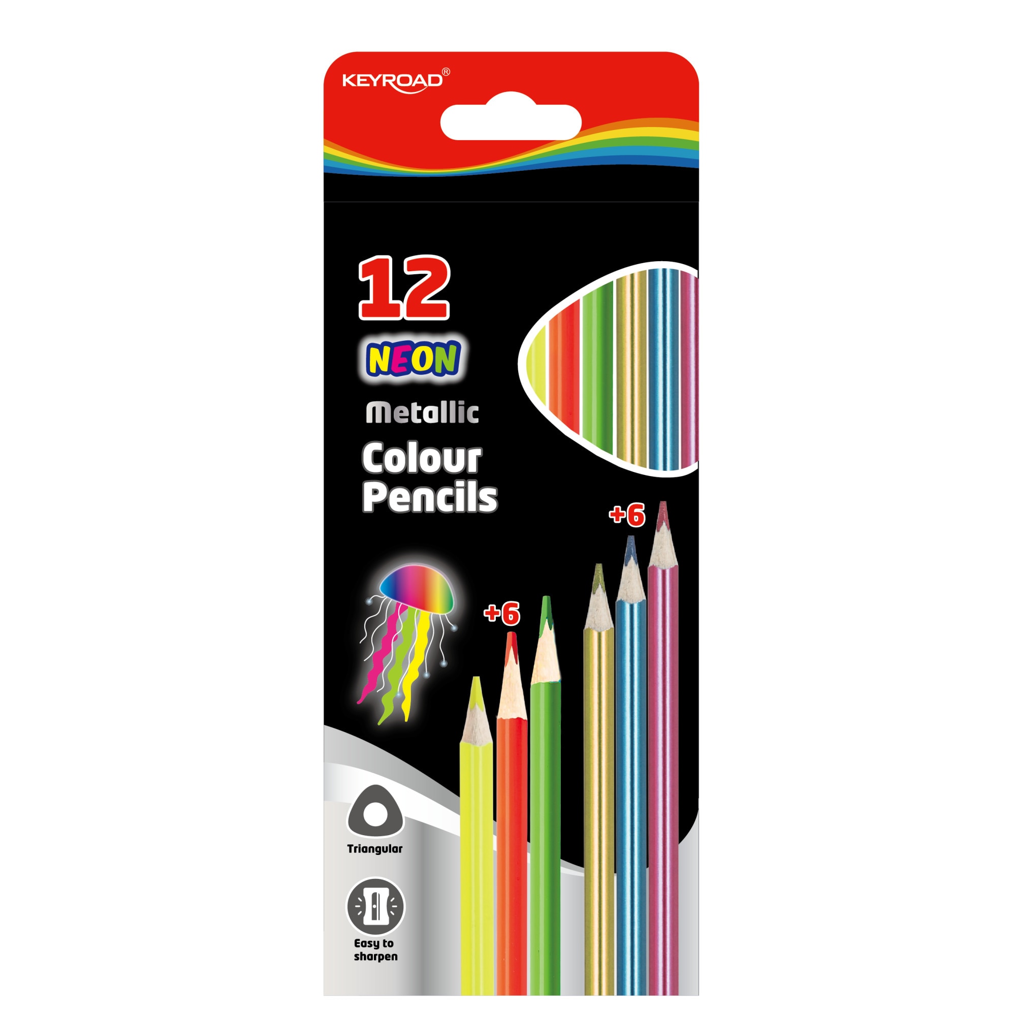 Creioane lungi 12 culori KEYROAD, triunghiulare, 6 Neon si 6 Metalice, KR971760