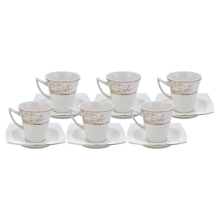 Комплект 6 чаши за кафе с чинийки, Karaca, Autumn Coffee, Porcelain, White/Gold, 85 ml