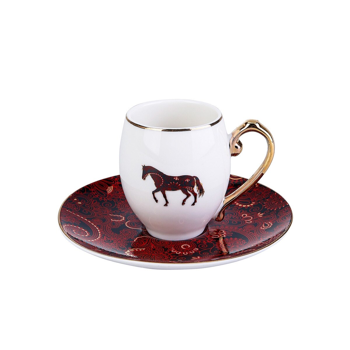Set 2 cani de cafea cu farfurii, Karaca, Askar Coffee, Portelan, Alb/Rosu, 85 ml