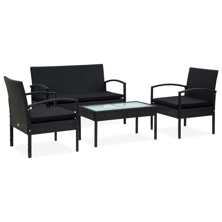 Set mobilier de gradina cu perne vidaXL, 4 piese, negru, poliratan, 20.8 kg