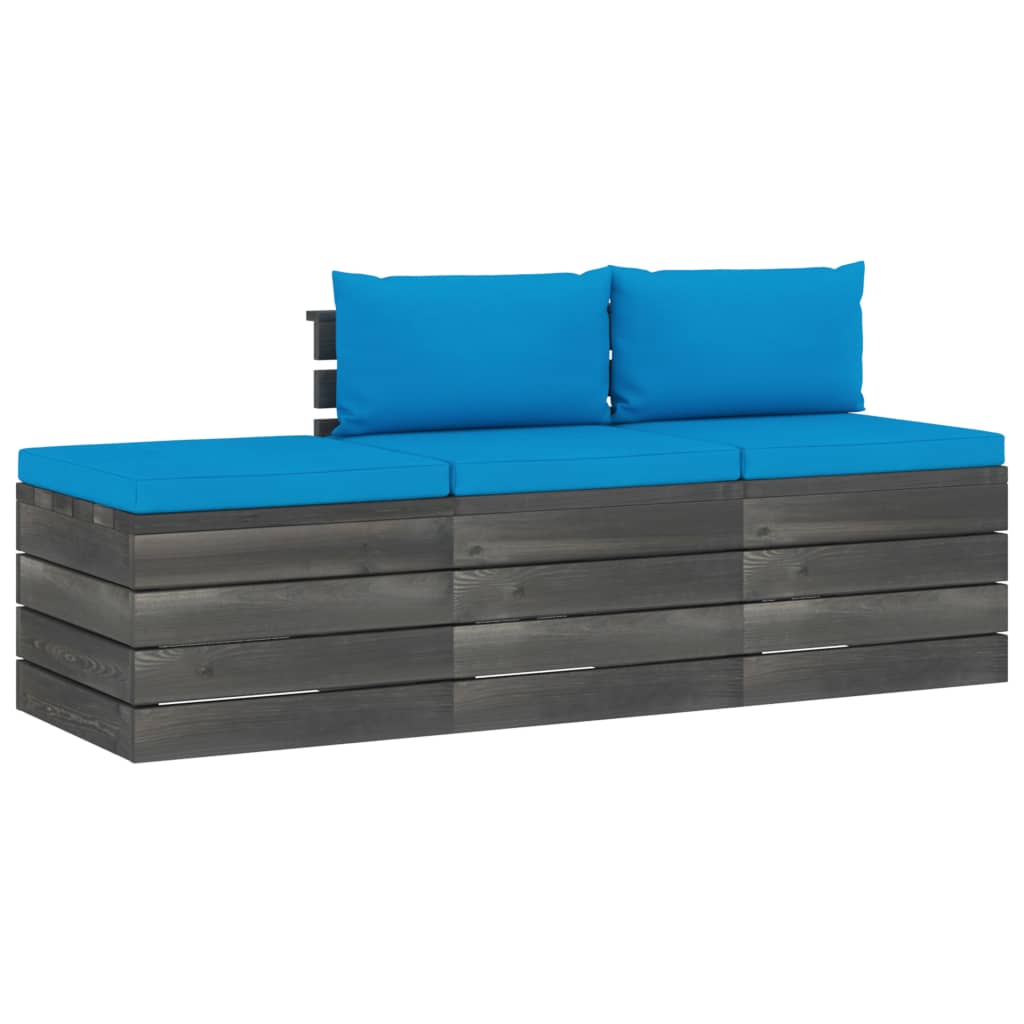 Set mobilier de gradina din paleti cu 3 piese cu perne colorate, vidaXL, Lemn, 60 x 65 x 71.5 cm, Albastru deschis