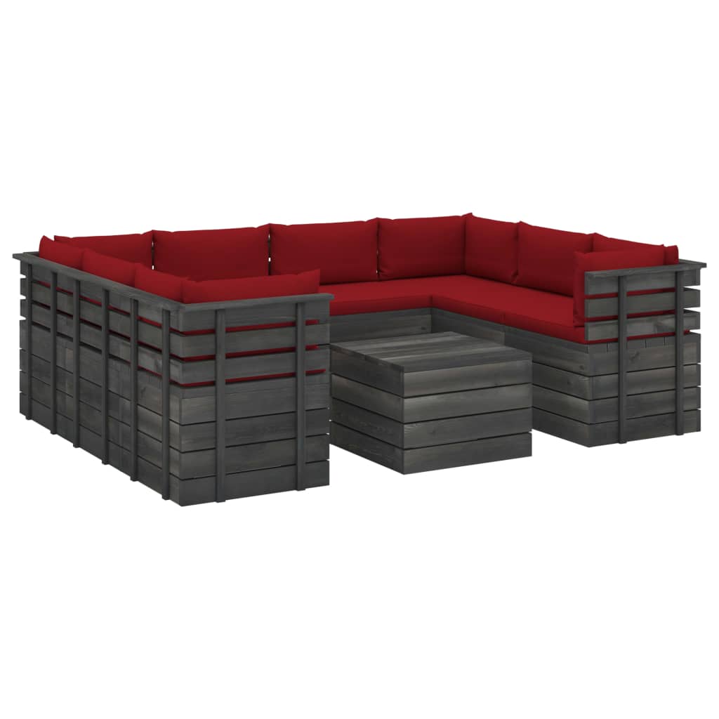 Set mobilier de gradina din paleti cu 9 piese cu perne rosu inchis, vidaXL, Lemn, 60 x 65 x 71.5 cm, Rosu