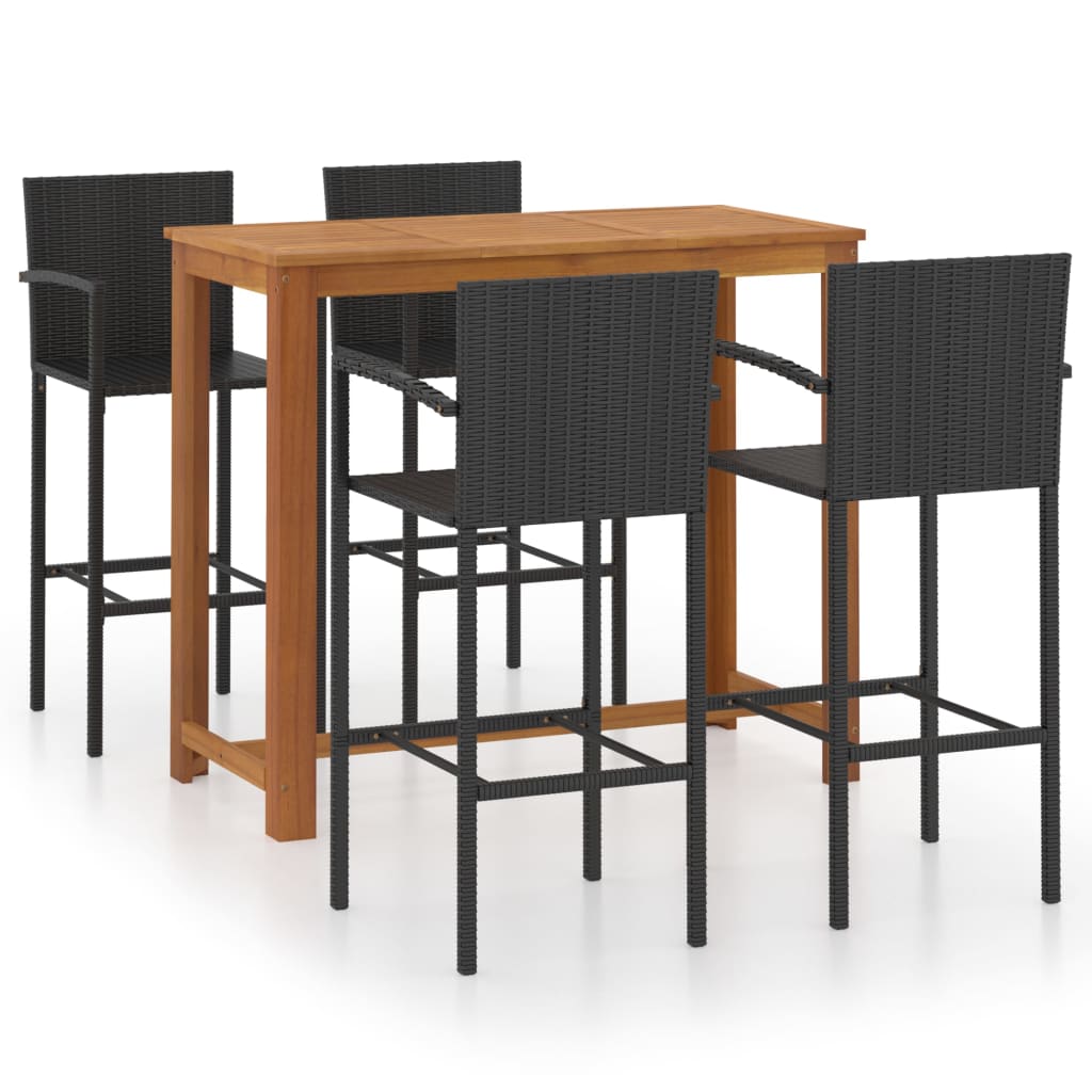 Set bar de gradina cu 1 masa din lemn masiv si 4 scaune inalte, vidaXL, Lemn/Ratan, 120 x 60 x 105 cm, Negru