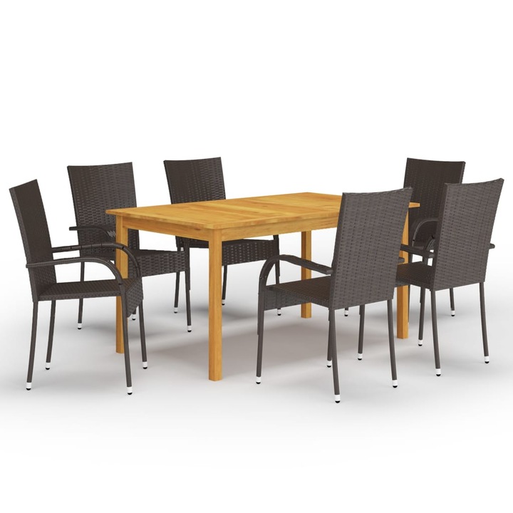 Set mobilier de gradina cu 1 masa din lemn masiv si 6 scaune, vidaXL, Lemn/Ratan, 150 x 90 x 74 cm, Maro