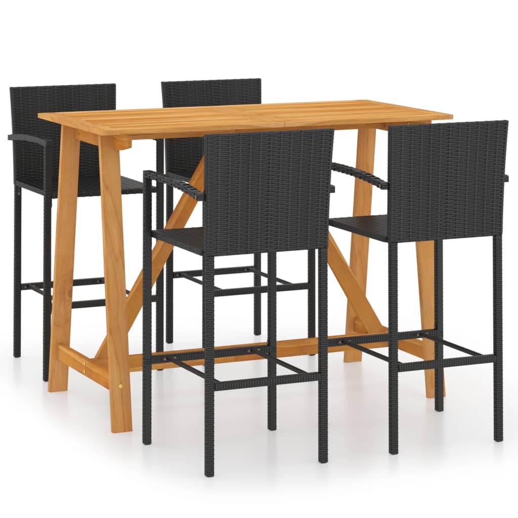 Set bar de gradina cu 1 masa din lemn masiv de acacia si 4 scaune inalte, vidaXL, Lemn/Ratan, 140 x 70 x 104 cm, Negru