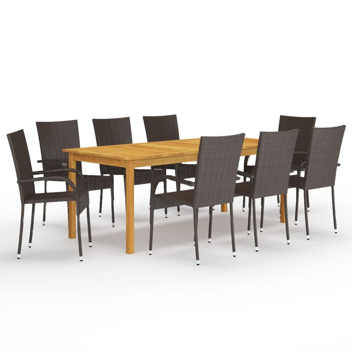 Set mobilier de gradina cu 1 masa din lemn masiv si 8 scaune, vidaXL, Lemn/Ratan, 200 x 90 x 74 cm, Maro