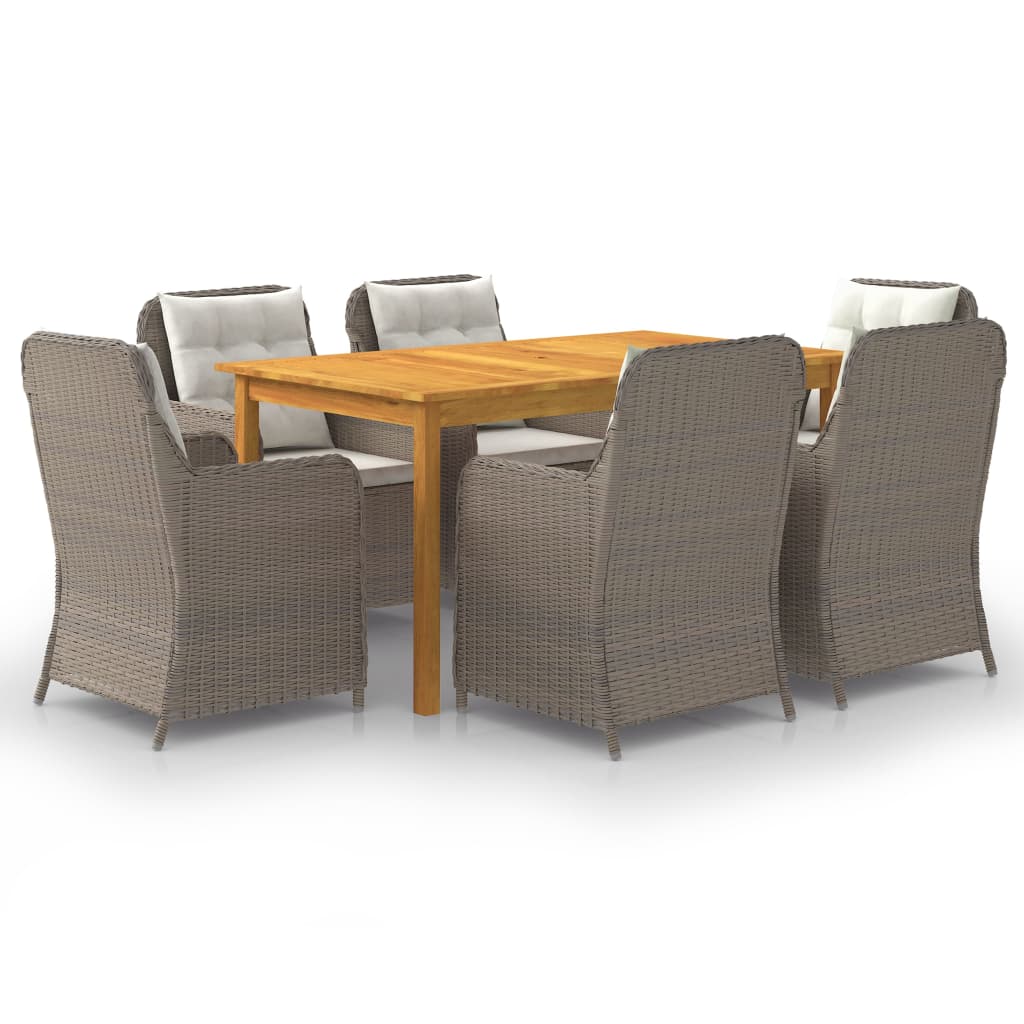 Set mobilier de gradina cu 1 masa din lemn masiv de acacia si 6 fotolii cu perne, vidaXL, Lemn/Ratan, 150 x 90 x 74 cm, Maro
