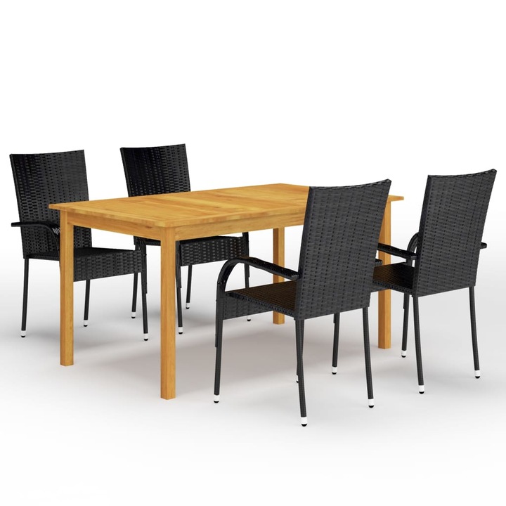 Set mobilier de gradina cu 1 masa din lemn masiv si 4 scaune, vidaXL, Lemn/Ratan, 150 x 90 x 74 cm, Negru