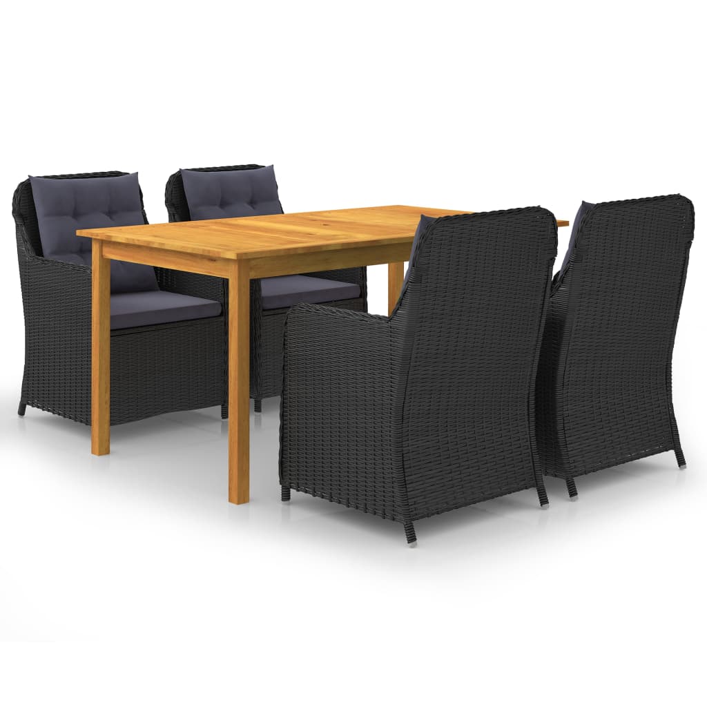 Set mobilier de gradina cu 1 masa din lemn masiv de acacia si 4 fotolii cu perne de spatar, vidaXL, Lemn/Ratan, 150 x 90 x 74 cm, Negru