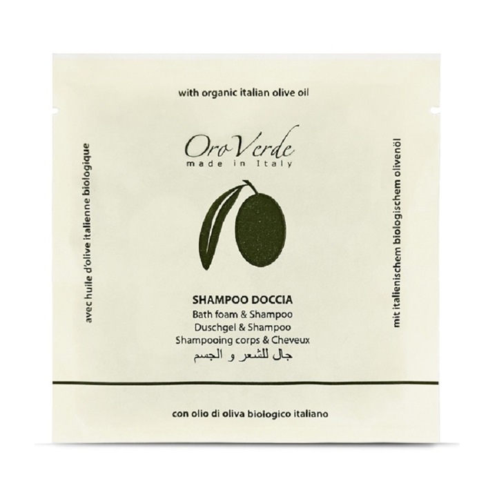 Set 100 buc Sampon si Gel de Dus Hotelier ORO VERDE, cu Ulei de Masline, 20 ml, Ambalat in Plic