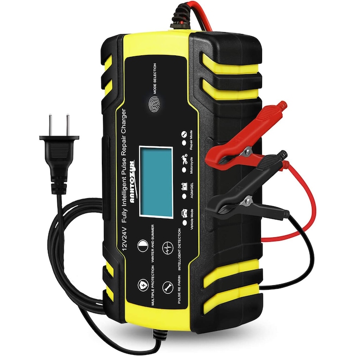 Redresor auto HautStore, 12V / 24V, Afisaj LCD, Protectie la supratensiune, Negru/ Galben