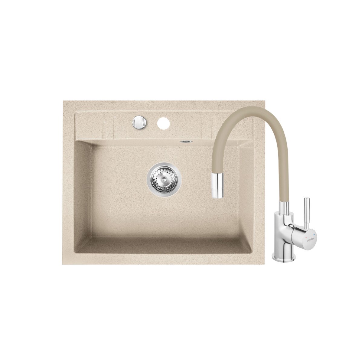 Set chiuveta granit Ferro, o cuva 58x48 cm, nisip cu baterie flexibila Ferro bej