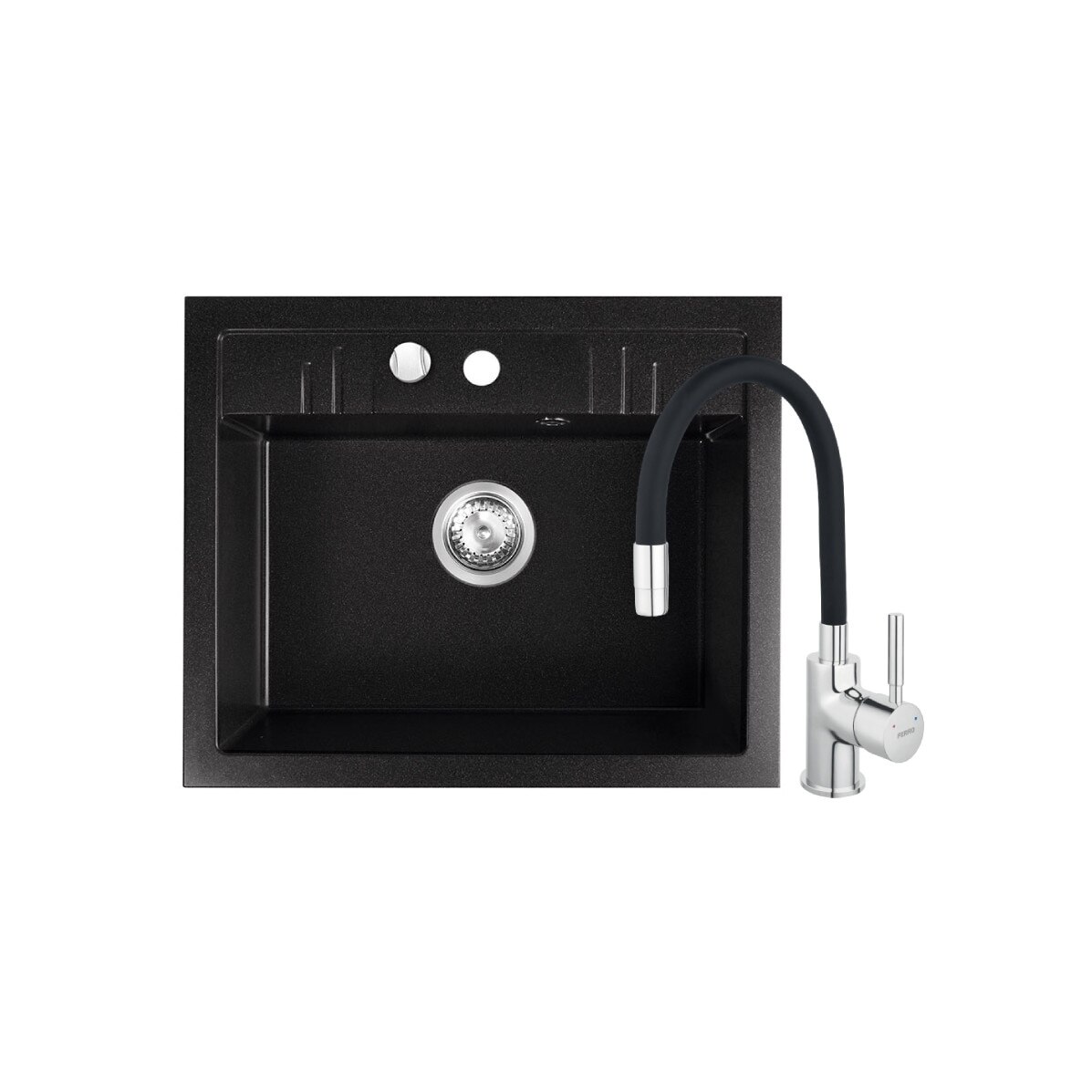 Set chiuveta granit Ferro, o cuva 58x48 cm, grafit cu baterie flexibila Ferro neagra