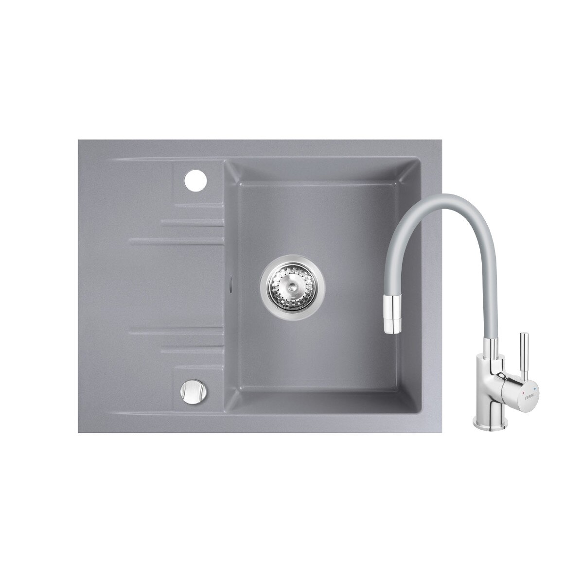 Set chiuveta granit Ferro, o cuva si picurator 58x48 cm,gri cu baterie flexibila Ferro gri-argintiu