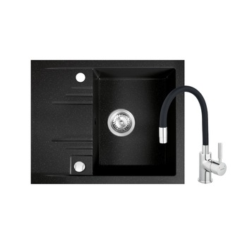 Set chiuveta granit Ferro, o cuva si picurator 58x48 cm, grafit lucios cu baterie flexibila Ferro neagra Set chiuveta granit Ferro, o cuva si picurator 58x48 cm, grafit lucios cu baterie flexibila Ferro neagra