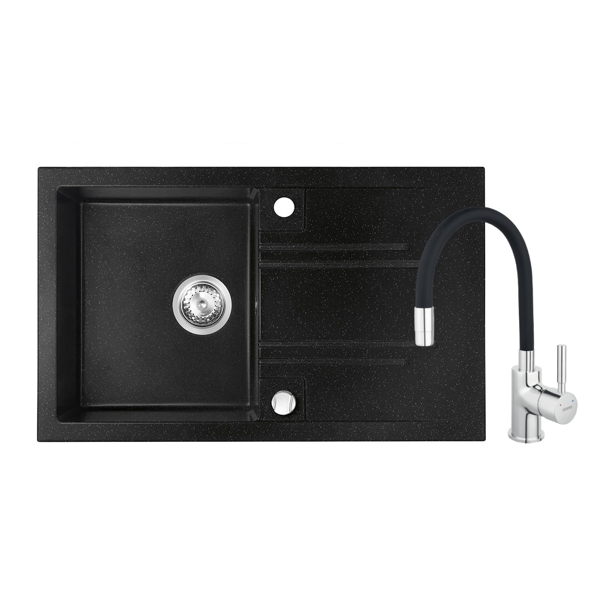 Set chiuveta granit Ferro, o cuva si picurator 78x48 cm, grafit cu baterie flexibila Ferro neagra
