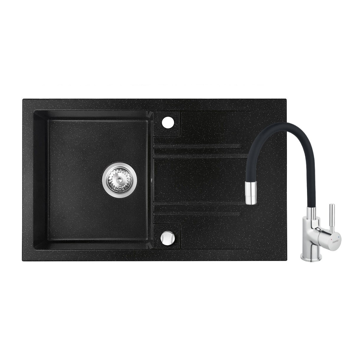 Set chiuveta granit Ferro, o cuva si picurator 78x48 cm, grafit lucios cu baterie flexibila Ferro neagra