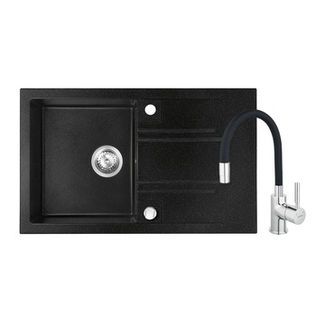 Set chiuveta granit Ferro, o cuva si picurator 78x48 cm, grafit lucios cu baterie flexibila Ferro neagra Set chiuveta granit Ferro, o cuva si picurator 78x48 cm, grafit lucios cu baterie flexibila Ferro neagra