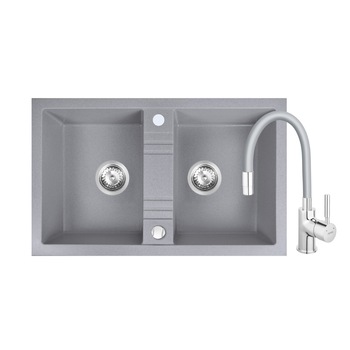 Set chiuveta granit Ferro, doua cuve 78x48 cm,gri cu baterie flexibila Ferro gri-argintiu Set chiuveta granit Ferro, doua cuve 78x48 cm,gri cu baterie flexibila Ferro gri-argintiu