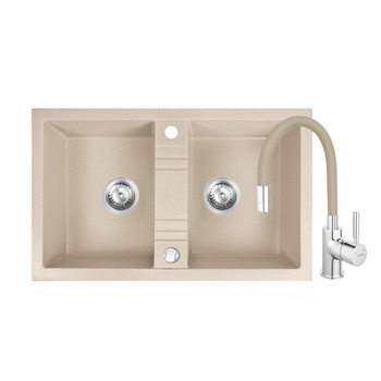 Set chiuveta granit Ferro, doua cuve 78x48 cm, nisip cu baterie flexibila Ferro bej Set chiuveta granit Ferro, doua cuve 78x48 cm, nisip cu baterie flexibila Ferro bej