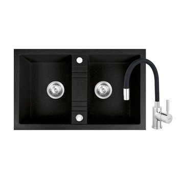 Set chiuveta granit Ferro, doua cuve 78x48 cm, grafit cu baterie flexibila Ferro neagra Set chiuveta granit Ferro, doua cuve 78x48 cm, grafit cu baterie flexibila Ferro neagra