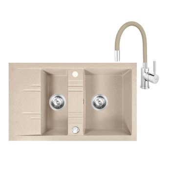 Set chiuveta granit Ferro, doua cuve si picurator 79x48 cm, nisip cu baterie flexibila Ferro bej Set chiuveta granit Ferro, doua cuve si picurator 79x48 cm, nisip cu baterie flexibila Ferro bej