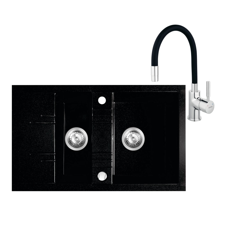 Set chiuveta granit Ferro, doua cuve si picurator 79x48 cm, grafit cu baterie flexibila Ferro neagra