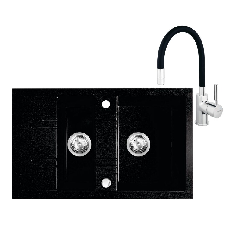 Set chiuveta granit Ferro, doua cuve si picurator 79x48 cm, grafit lucios cu baterie flexibila Ferro neagra