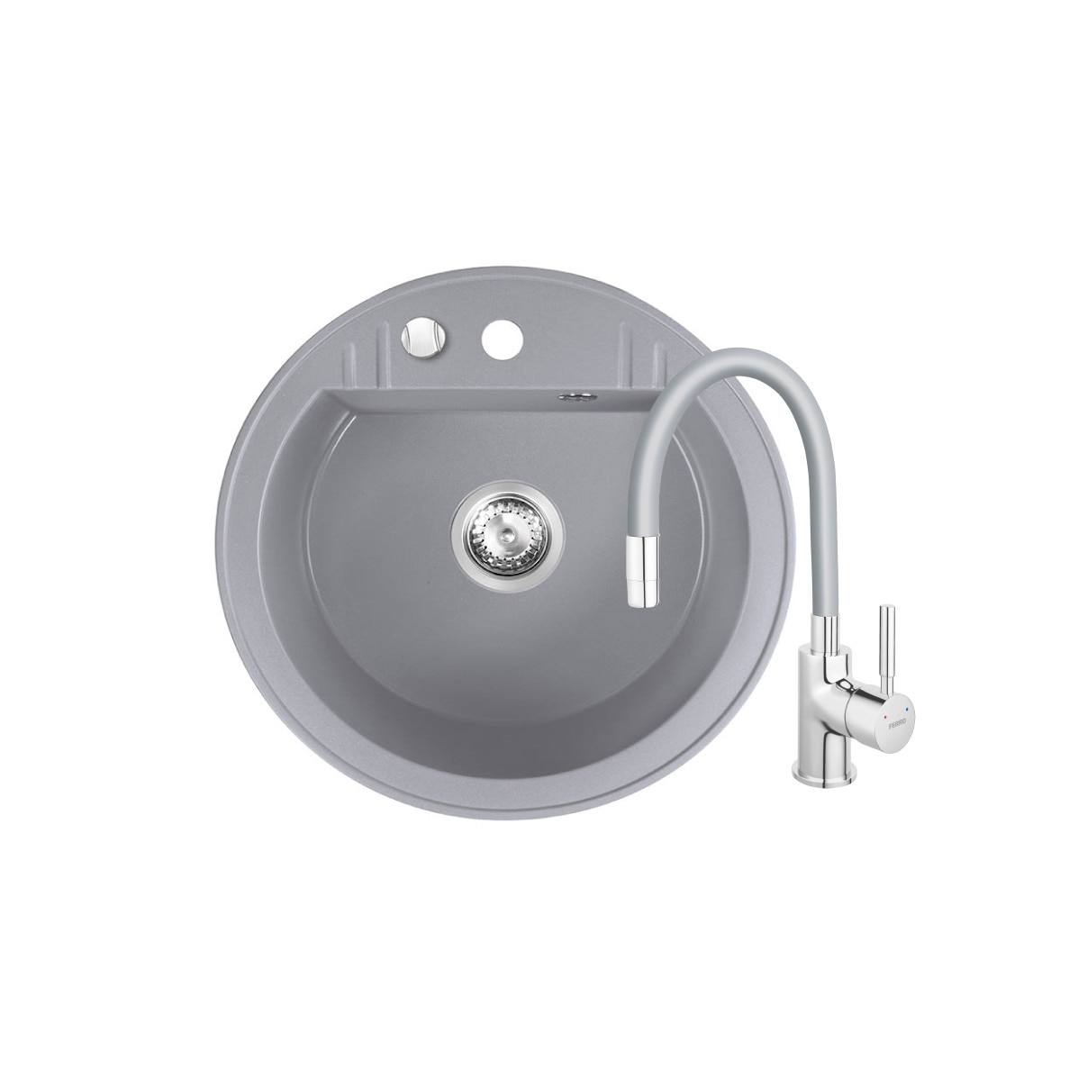 Set chiuveta granit Ferro rotunda, o cuva Ø 51 cm,gri cu baterie flexibila Ferro gri-argintiu