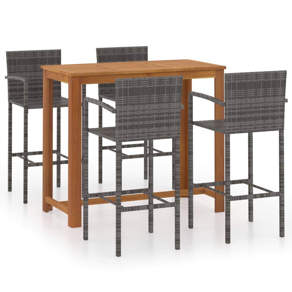 Set bar de gradina cu 1 masa din lemn masiv si 4 scaune inalte, vidaXL, Lemn/Ratan, 120 x 60 x 105 cm, Gri