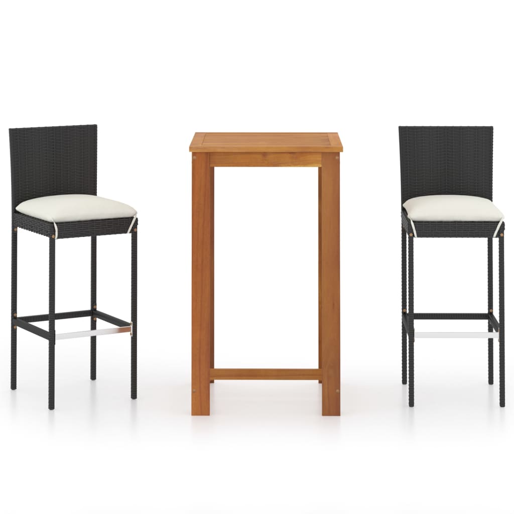 Set bar de gradina cu 1 masa din lemn masiv si 2 scaune inalte cu perne, vidaXL, Lemn/Ratan, 60 x 60 x 105 cm, Negru