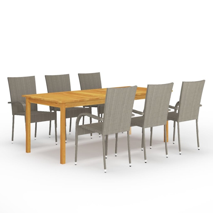 Set mobilier de gradina cu 1 masa din lemn masiv si 6 scaune, vidaXL, Lemn/Ratan, 200 x 90 x 74 cm, Gri