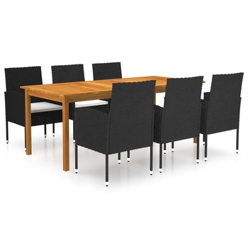 Set mobilier de gradina cu 1 masa din lemn masiv si 6 fotolii cu perne, vidaXL, Lemn/Ratan, 200 x 90 x 74 cm, Negru Set mobilier de gradina cu 1 masa din lemn masiv si 6 fotolii cu perne, vidaXL, Lemn/Ratan, 200 x 90 x 74 cm, Negru