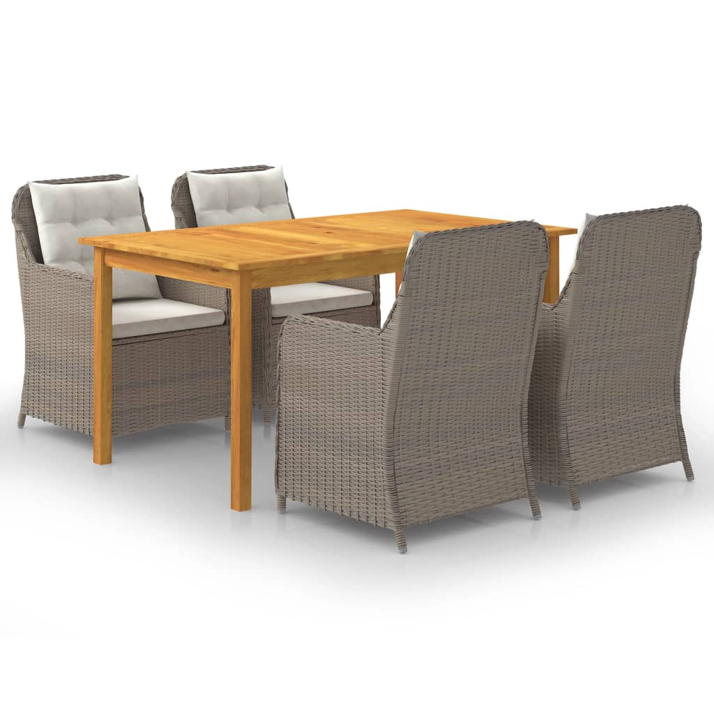 Set mobilier de gradina cu 1 masa din lemn masiv de acacia si 4 fotolii cu perne de spatar, vidaXL, Lemn/Ratan, 150 x 90 x 74 cm, Maro