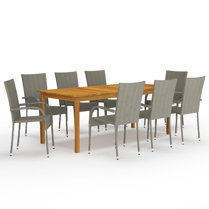 Set mobilier de gradina cu 1 masa din lemn masiv si 8 scaune, vidaXL, Lemn/Ratan, 200 x 90 x 74 cm, Gri
