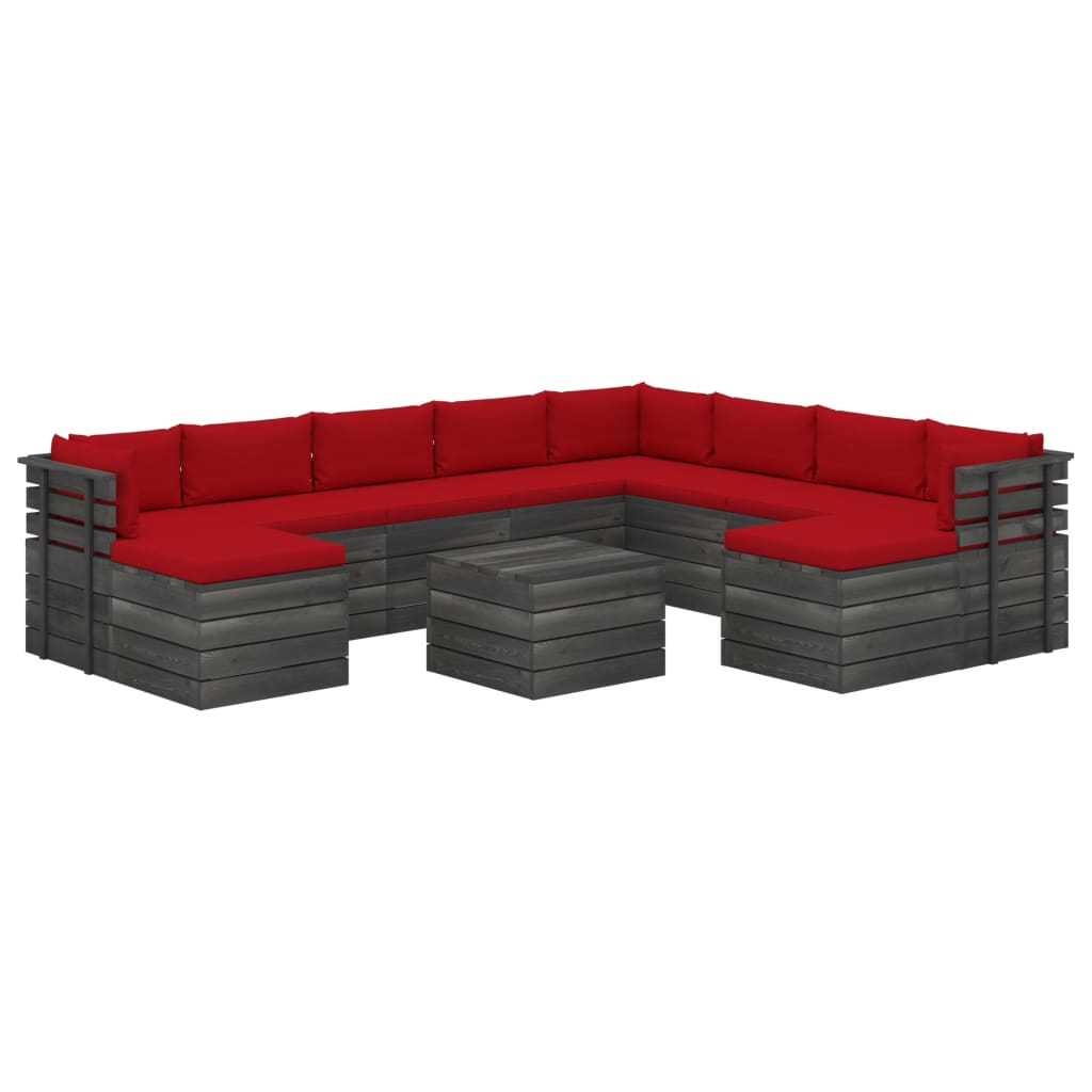 Set mobilier de gradina din paleti cu 11 piese cu perne, vidaXL, Lemn, 60 x 65 x 71.5 cm, Rosu vin