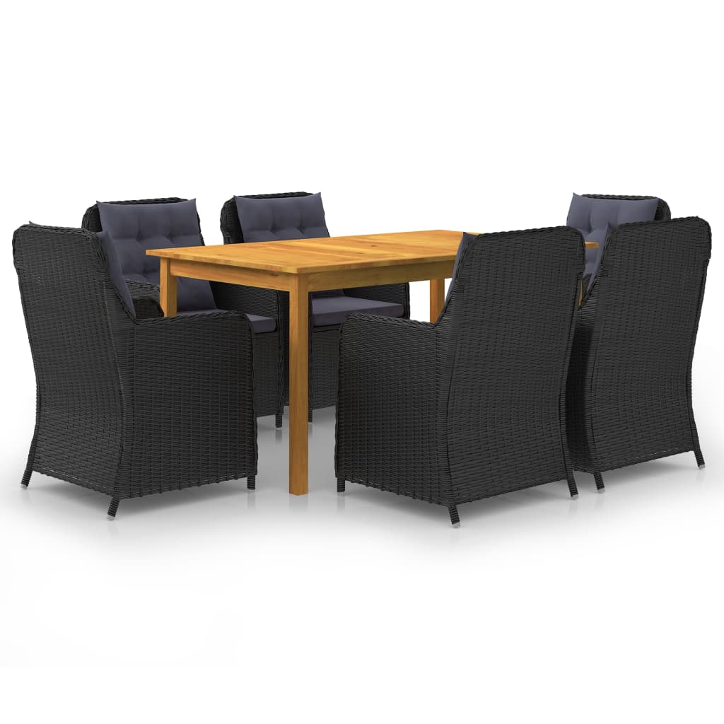Set mobilier de gradina cu 1 masa din lemn masiv de acacia si 6 fotolii cu perne, vidaXL, Lemn/Ratan, 150 x 90 x 74 cm, Negru