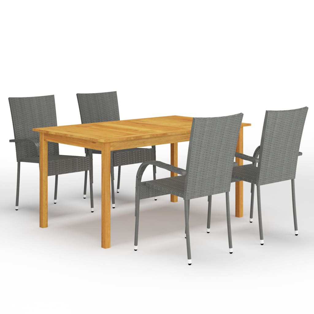 Set mobilier de gradina cu 1 masa din lemn masiv si 4 scaune, vidaXL, Lemn/Ratan, 150 x 90 x 74 cm, Gri