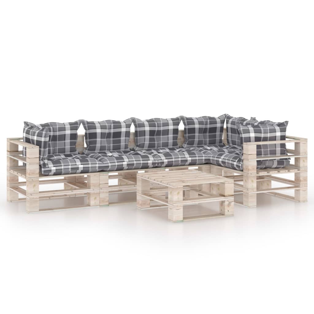 Set mobilier de gradina din paleti cu 1 masa si 5 canapele cu perne cu model carouri, vidaXL, Lemn, 60 x 69.4 x 62 cm, Gri-Alb