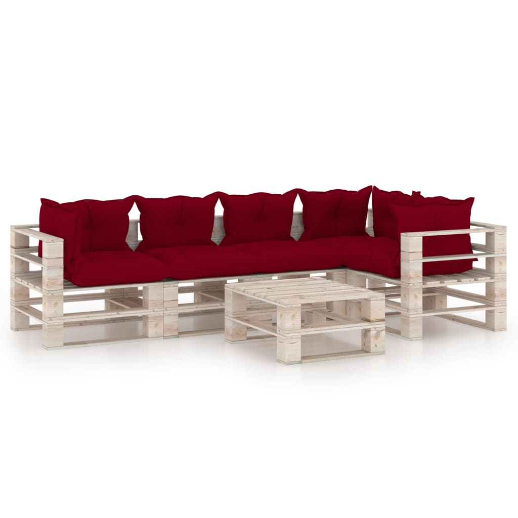 Set mobilier de gradina din paleti cu 1 masa si 5 canapele cu perne colorate, vidaXL, Lemn, 60 x 69.4 x 62 cm, Rosu vin