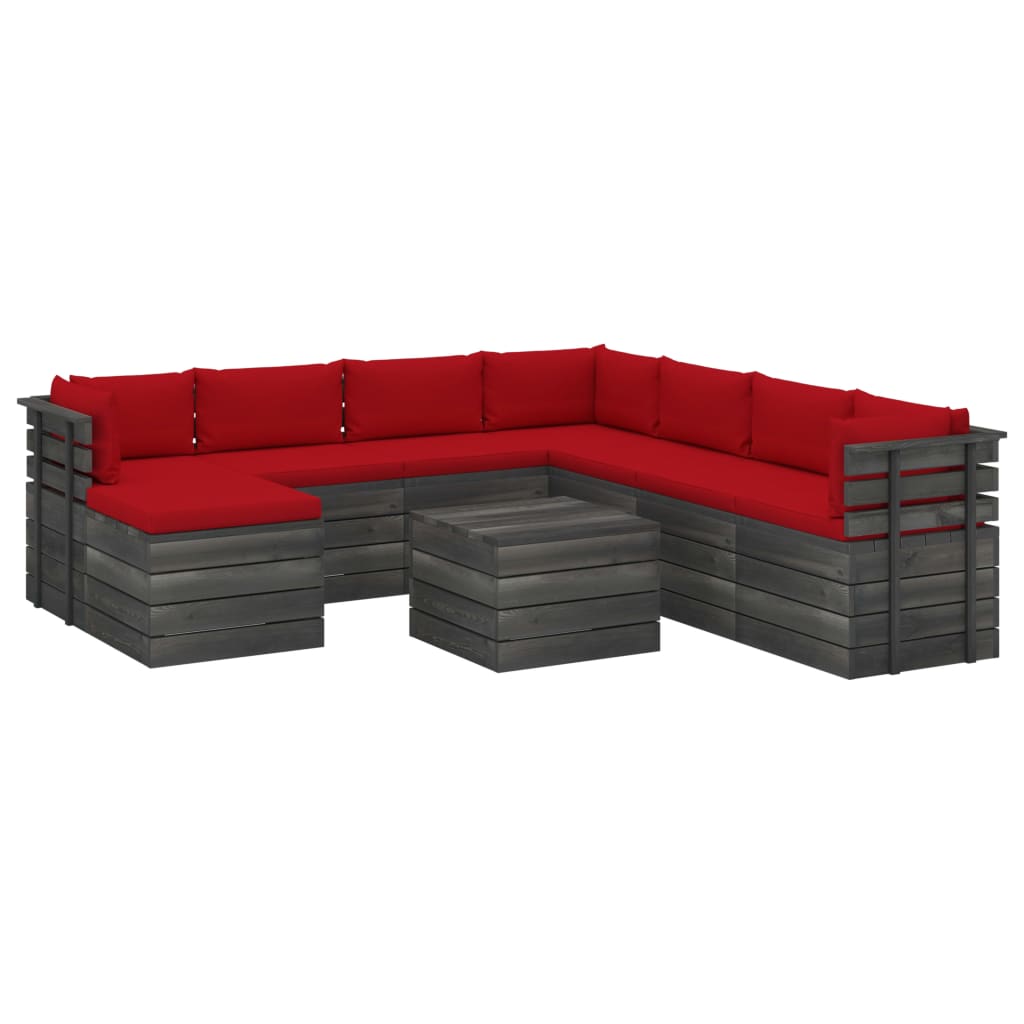 Set mobilier de gradina din paleti cu 9 piese cu perne, vidaXL, Lemn, 60 x 65 x 71.5 cm, Rosu