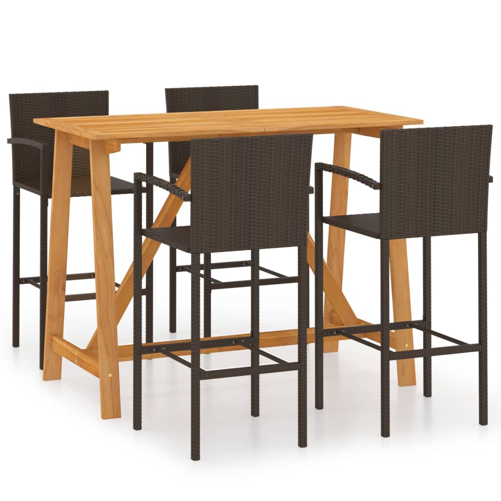Set bar de gradina cu 1 masa din lemn masiv de acacia si 4 scaune inalte, vidaXL, Lemn/Ratan, 140 x 70 x 104 cm, Maro