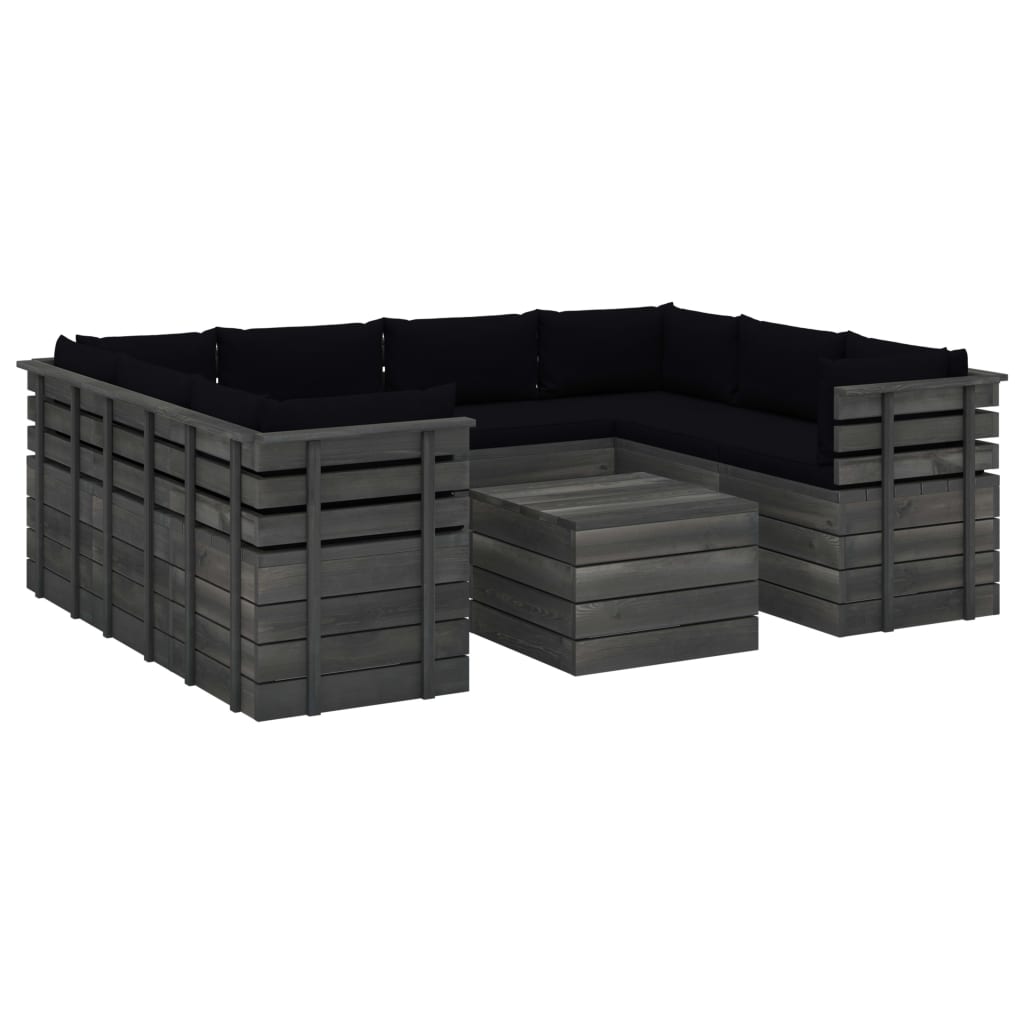 Set mobilier de gradina din paleti cu 9 piese cu perne negre, vidaXL, Lemn, 60 x 65 x 71.5 cm, Negru